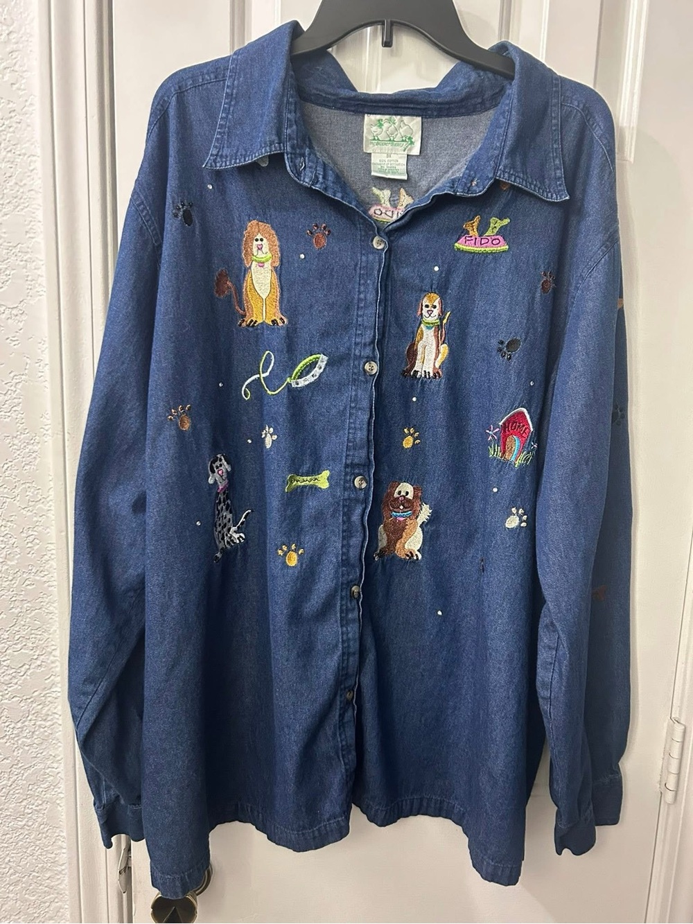Vintage Quacker Factory 100% Cotton Dog Embroidered Denim Shirt 3X